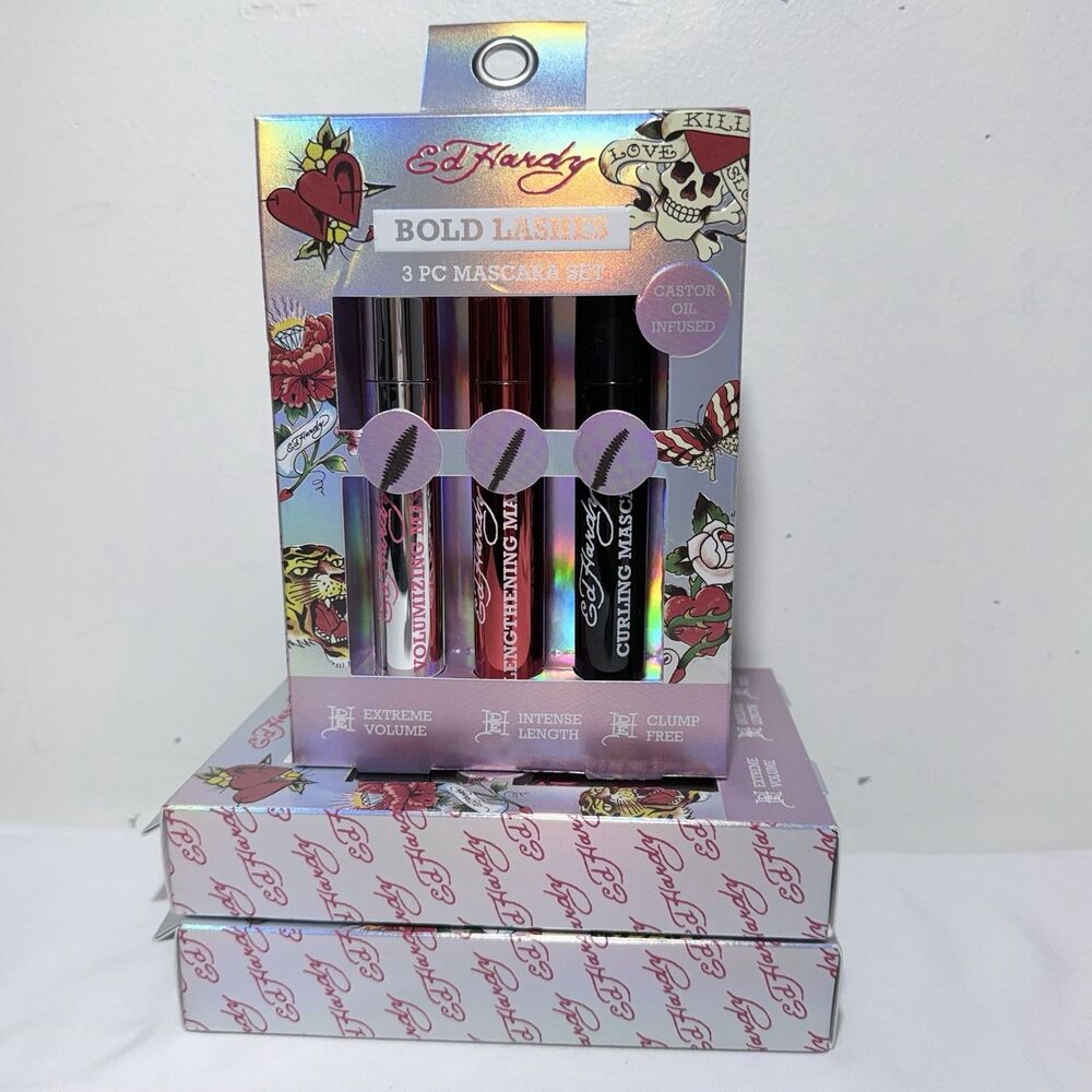 Ed Hardy Bold Lashes 3Pc Mascara Set W/Castor Oil infused New In Box